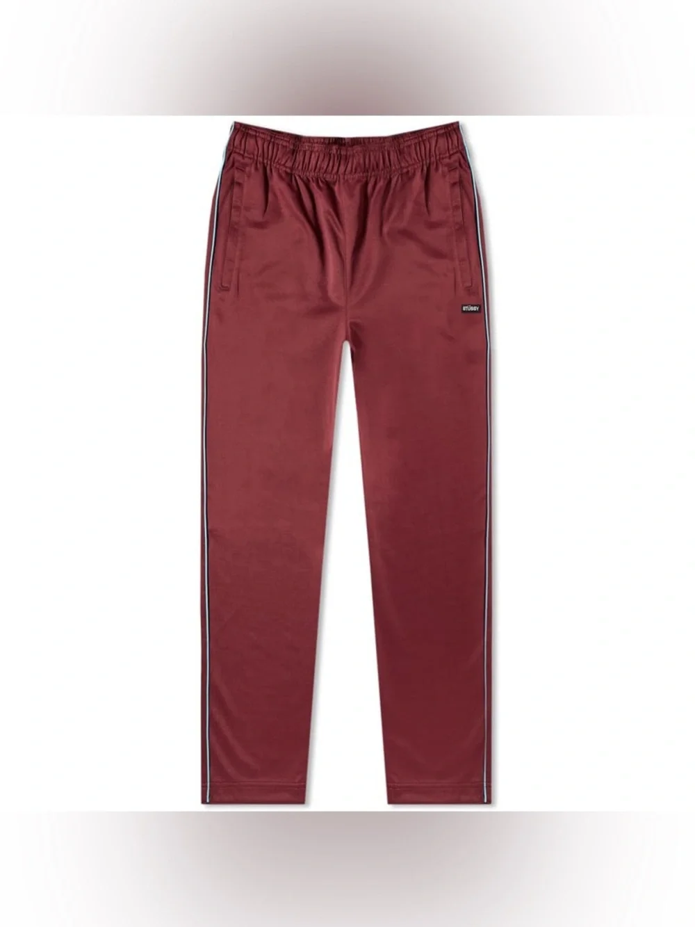 Stussy Men's Burgundy Maroon Poly Track Pants w/Side Grey + White Stripes, M